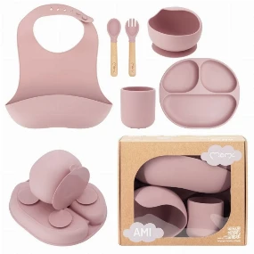 MoMi Ami silikonski set za hranjenje Pink